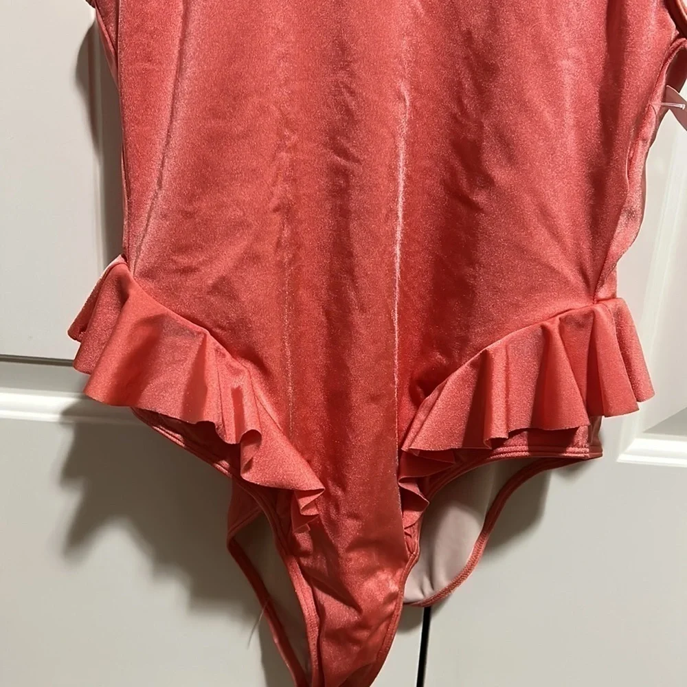 Something Navy Ruffle Swimsuit One Piece Coral Sz m NEW